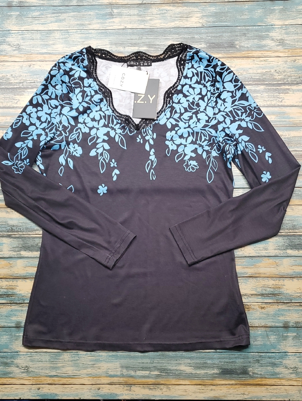 Navy Long-Sleeve Top with Light Blue Floral Yoke